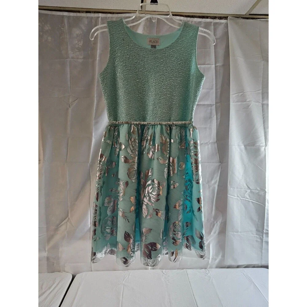 The Children's Place Silver Sparkles Flower Green Dress - Girls Size 14